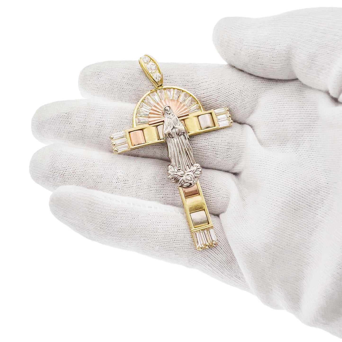 10k Tri Color Gold Virgin Mary Cross Pendant