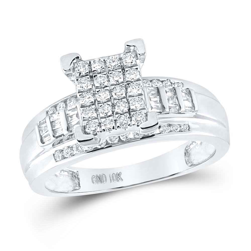 0.50Ctw Baguette Round Diamond Square Cluster Engagement Ring 10k White Gold
