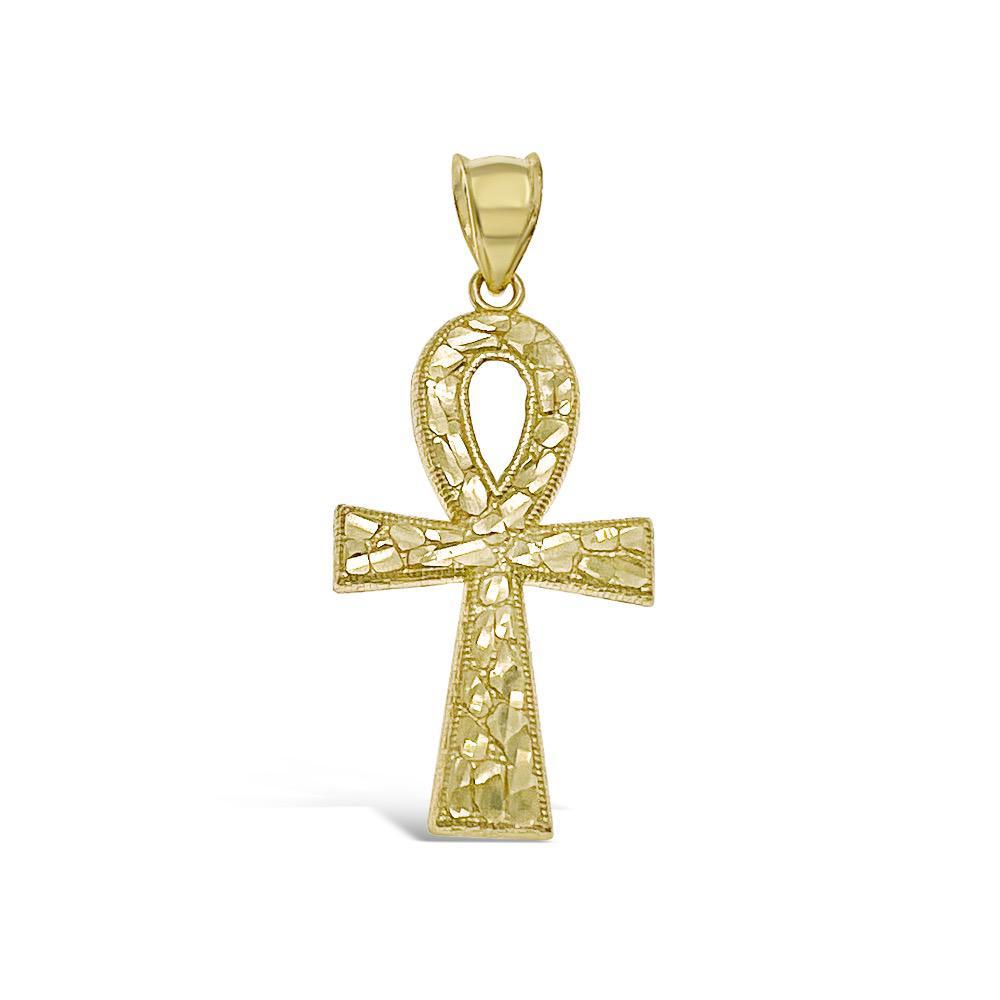 Egyptian Ankh Cross Nugget Pendant 10k Gold Charm 1.6"