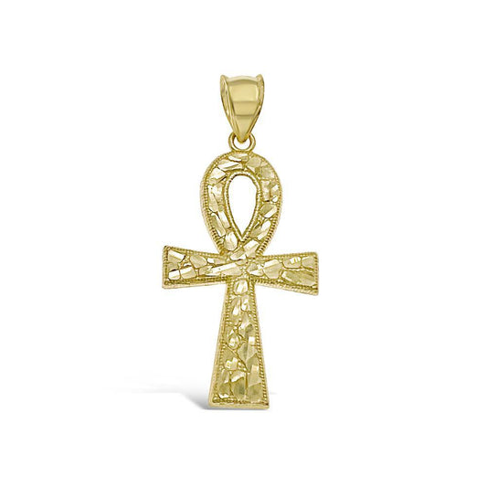 Egyptian Ankh Cross Nugget Pendant 10k Gold Charm 1.6"