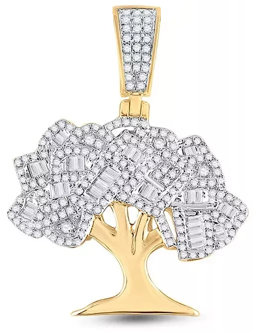 0.90ctw Baguette Round Diamond Money Tree Charm Pendant 14k Yellow Gold Mens