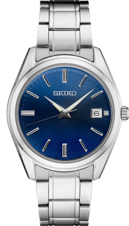 Seiko Essentials Quartz Silver Tone Blue Dial Mens Watch SUR309