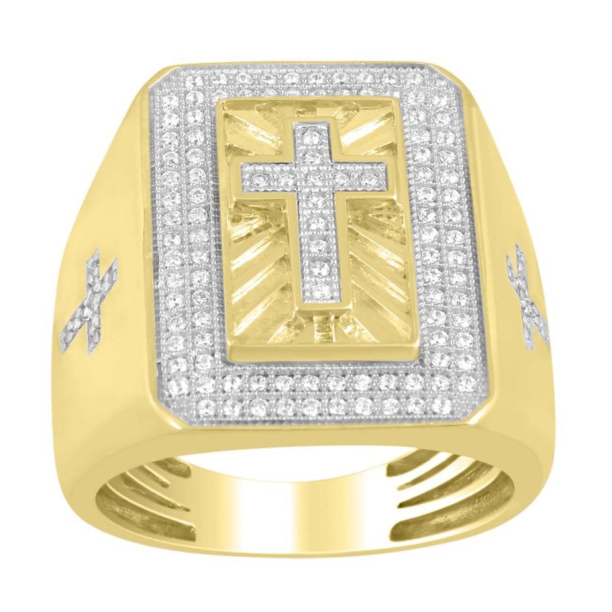 0.50 Ctw Diamond Cross Rectangle Frame Mens Signet Ring 10k Yellow Gold