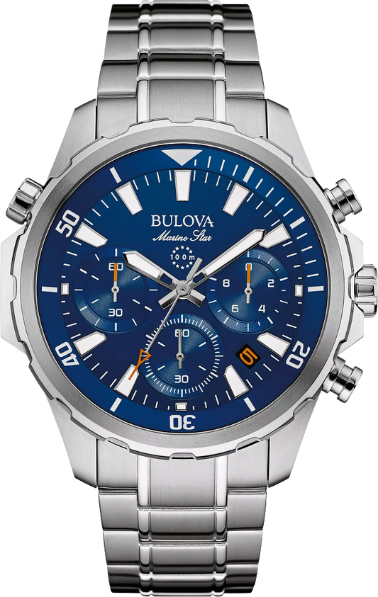 Bulova Marine Star Chronograph Multidial Blue Dial Mens Watch 96B256