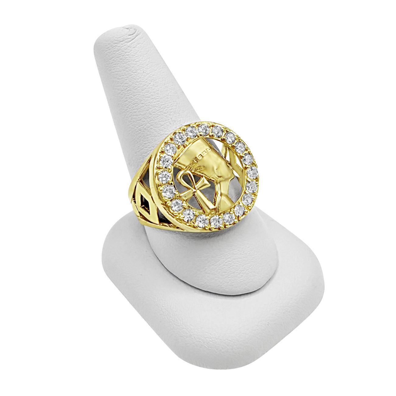 10K Yellow Gold Egyptian Queen Nefertiti Ankh Mens Signet Ring Round