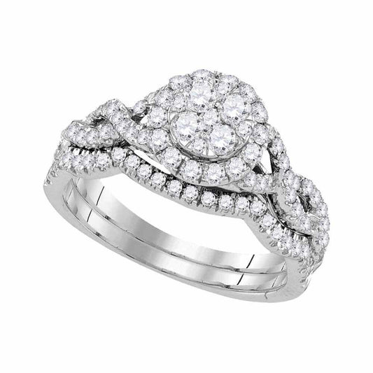 14k White Gold Diamond Cluster Bridal Wedding Ring Band Set 7/8 Ctw