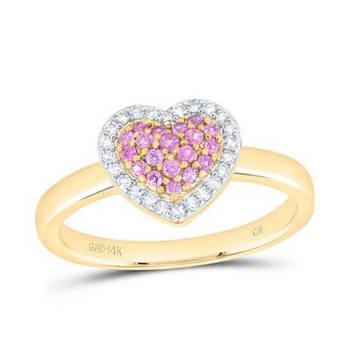 Natural Pink Sapphire White Diamond Heart Ring 14K Yellow Gold 0.32ctw