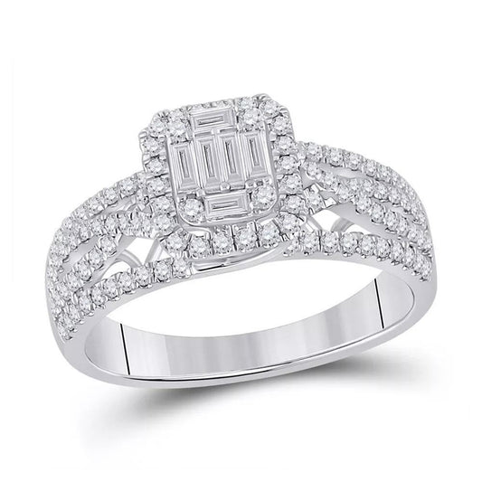 14kt White Gold Baguette Diamond Square Cluster Ring 3/4 Cttw