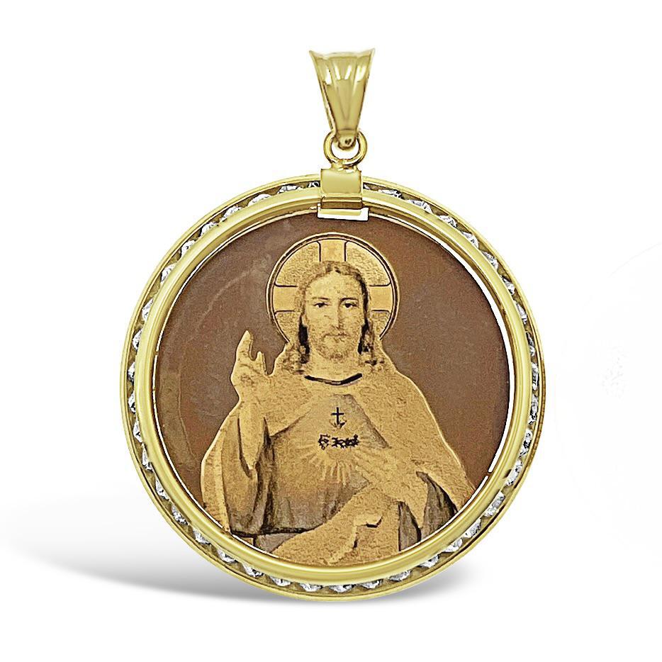 14k Yellow Gold Jesus Sacred Heart Pendant Round Charm 1.6 inch