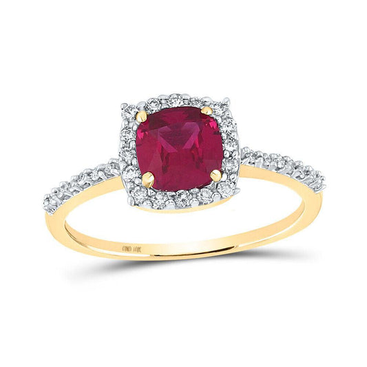 10kt Yellow Gold Cushion Lab-Created Ruby Solitaire Ring 1-1/2 Cttw