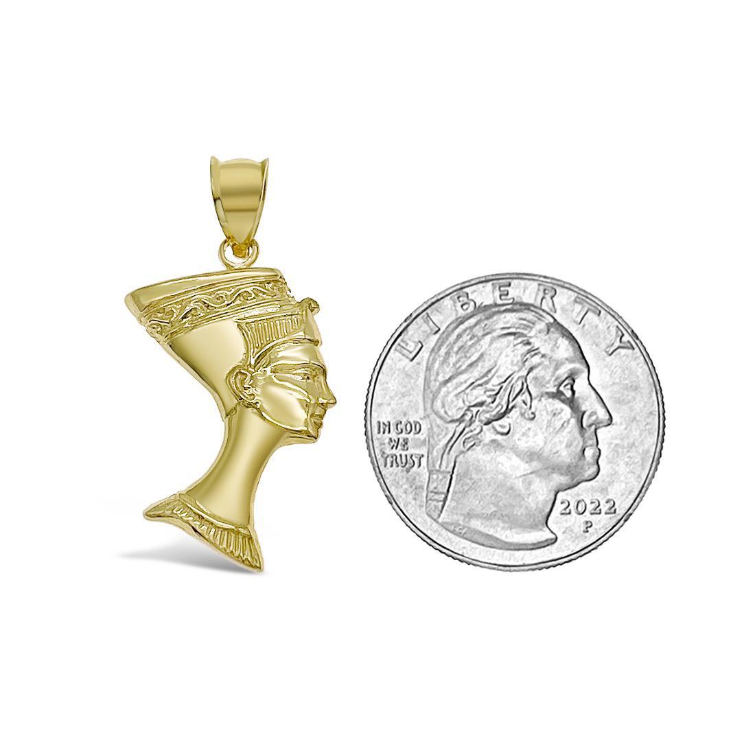 Egyptian Queen Nefertiti Pendant 10k Yellow Gold Charm 1.3 inch