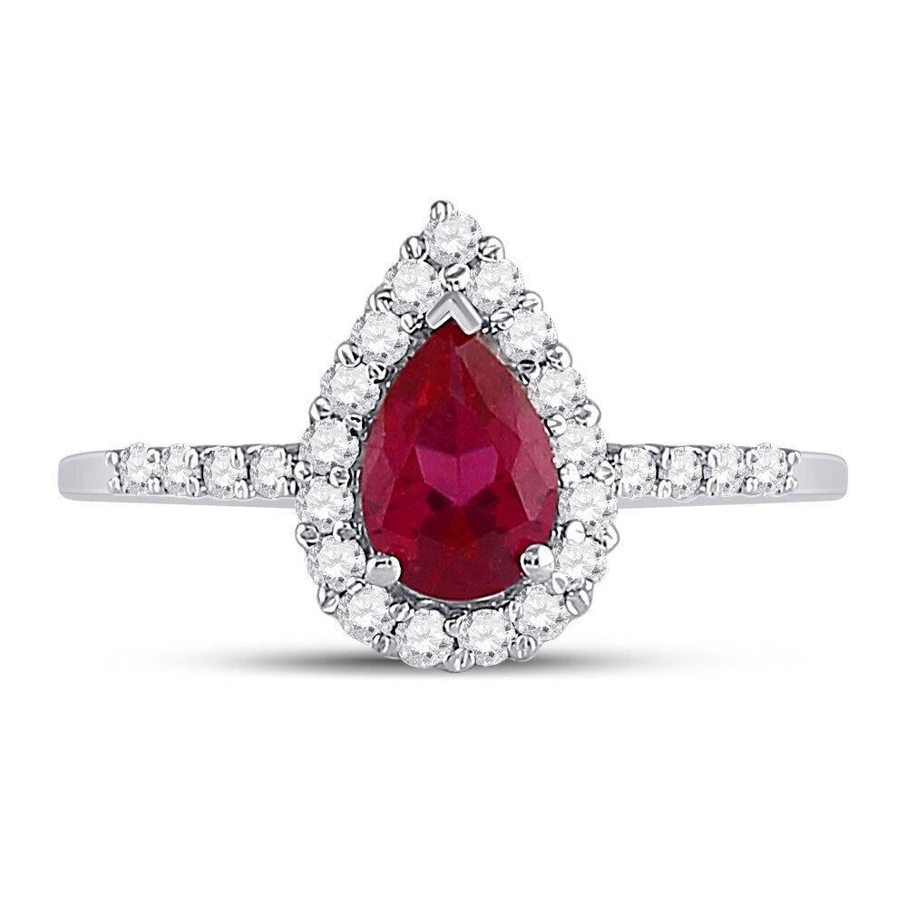 1.20Cttw Pear Lab Created Ruby Solitaire & Natural Diamond Ring 10k White Gold