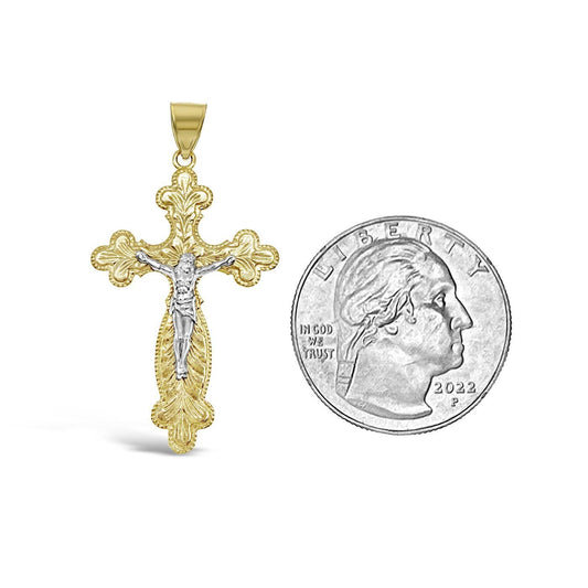 10k Two tone Gold Cross Crucifix Pendant Religious Charm 1.5 inch