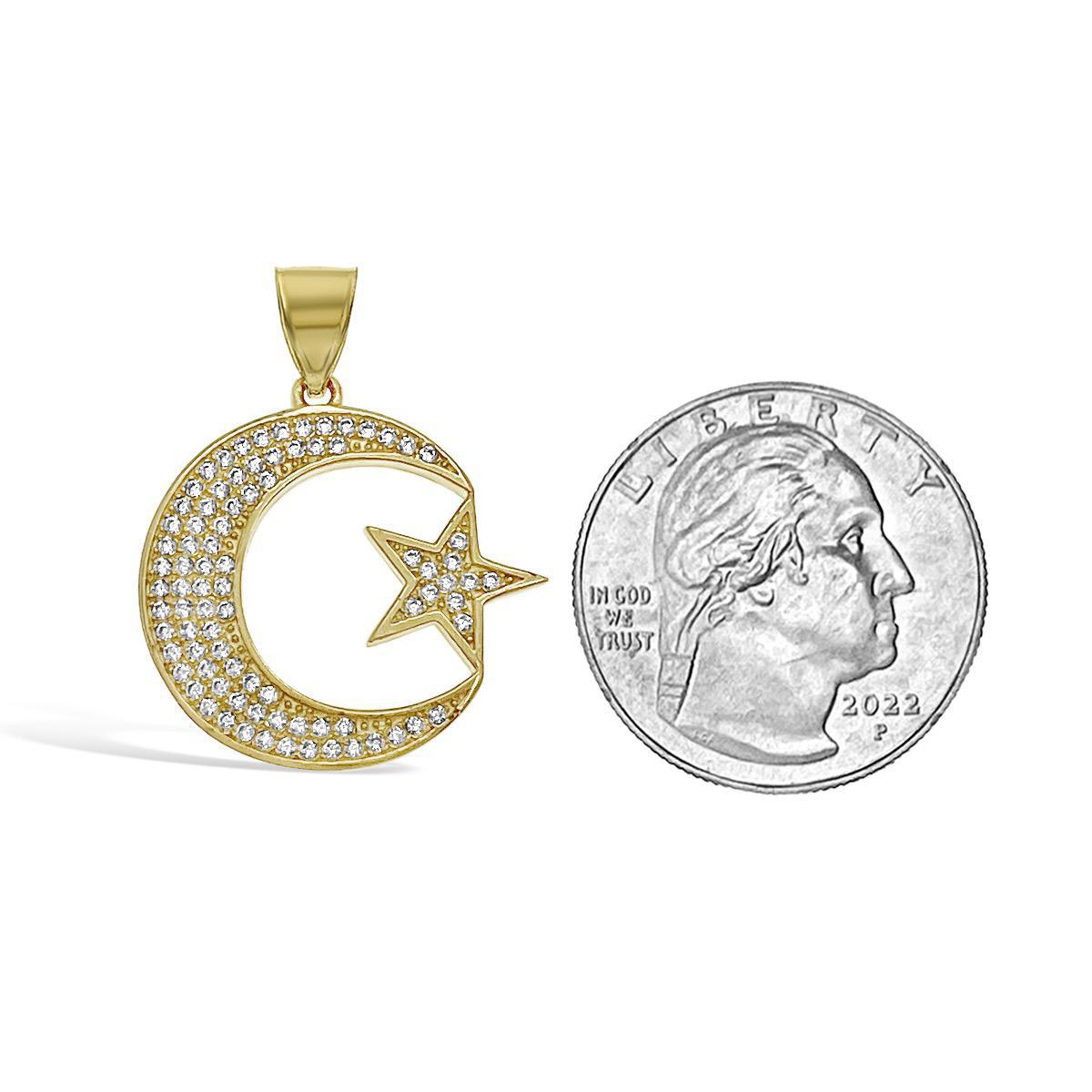 Moon Star Islamic Muslim Pendant 10k Yellow Gold Cz Charm 1.2"