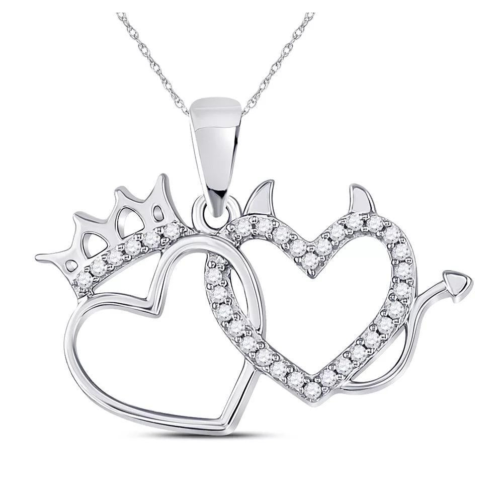 Diamond Crown Heart & Devil Heart Pendant 10K White Gold