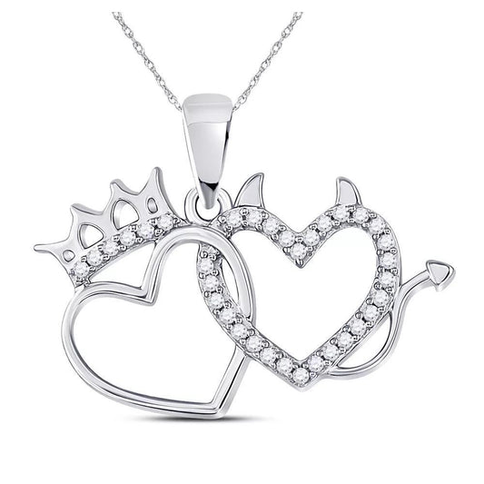 Diamond Crown Heart & Devil Heart Pendant 10K White Gold