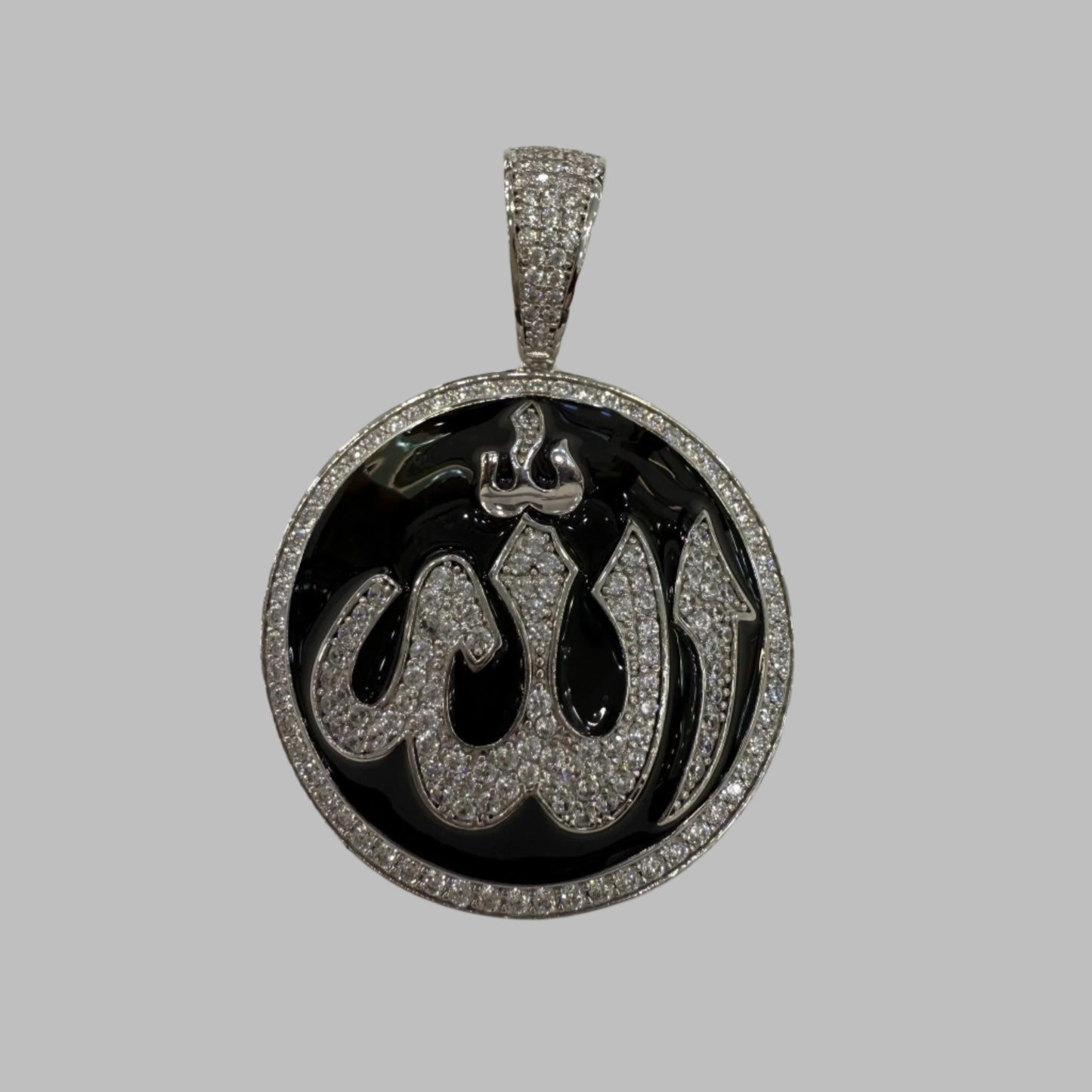 Allah Muslim Charm Black Enamel 925 Sterling Silver Pendant Cz 1.9"