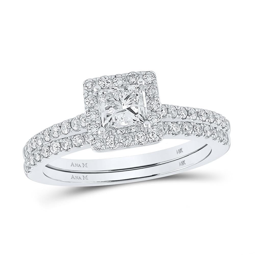 1.24ctw Princess Diamond Square Halo Cluster Wedding Ring Set 14K White Gold