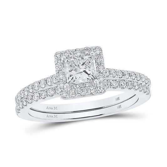 1.24ctw Princess Diamond Square Halo Cluster Wedding Ring Set 14K White Gold