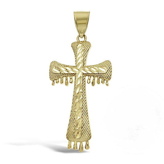 Cross Dripping Pendant Mens Charm 10k Yellow Gold Diamond Cut 2.2 inch