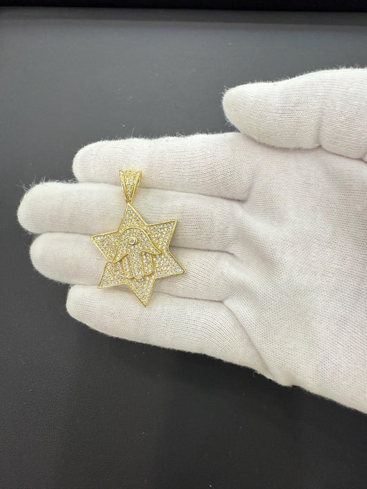 Star Of David Hamsa Pendant 925 Sterling Silver Gold Plated Iced CZ Charm 1.8 in