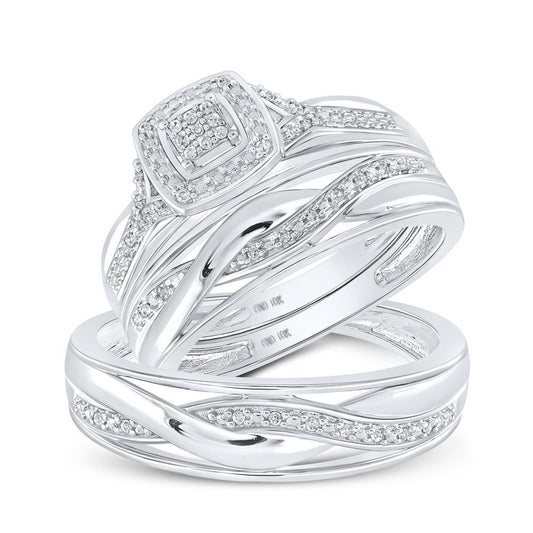 Diamond Cushion Shape Twisted Trio Wedding His Hers Set Ring Band 10k White Gold
