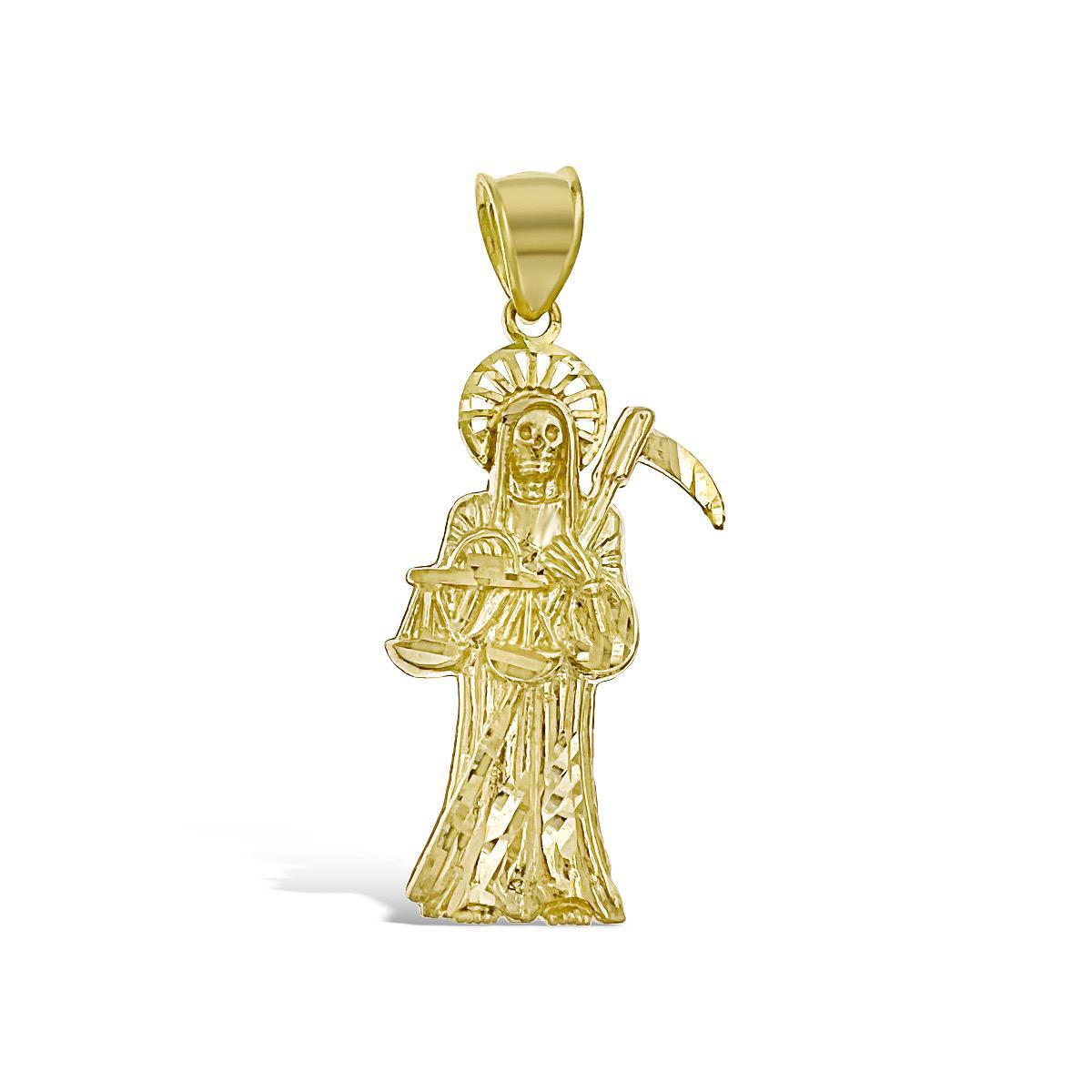 10k Gold Grim Reaper Santa Muerte Pendant Diamond Cut 1.6"