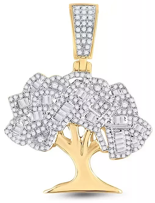 14k Yellow Gold Mens Baguette / Round Diamond Money Tree Charm Pendant 7/8Cttw