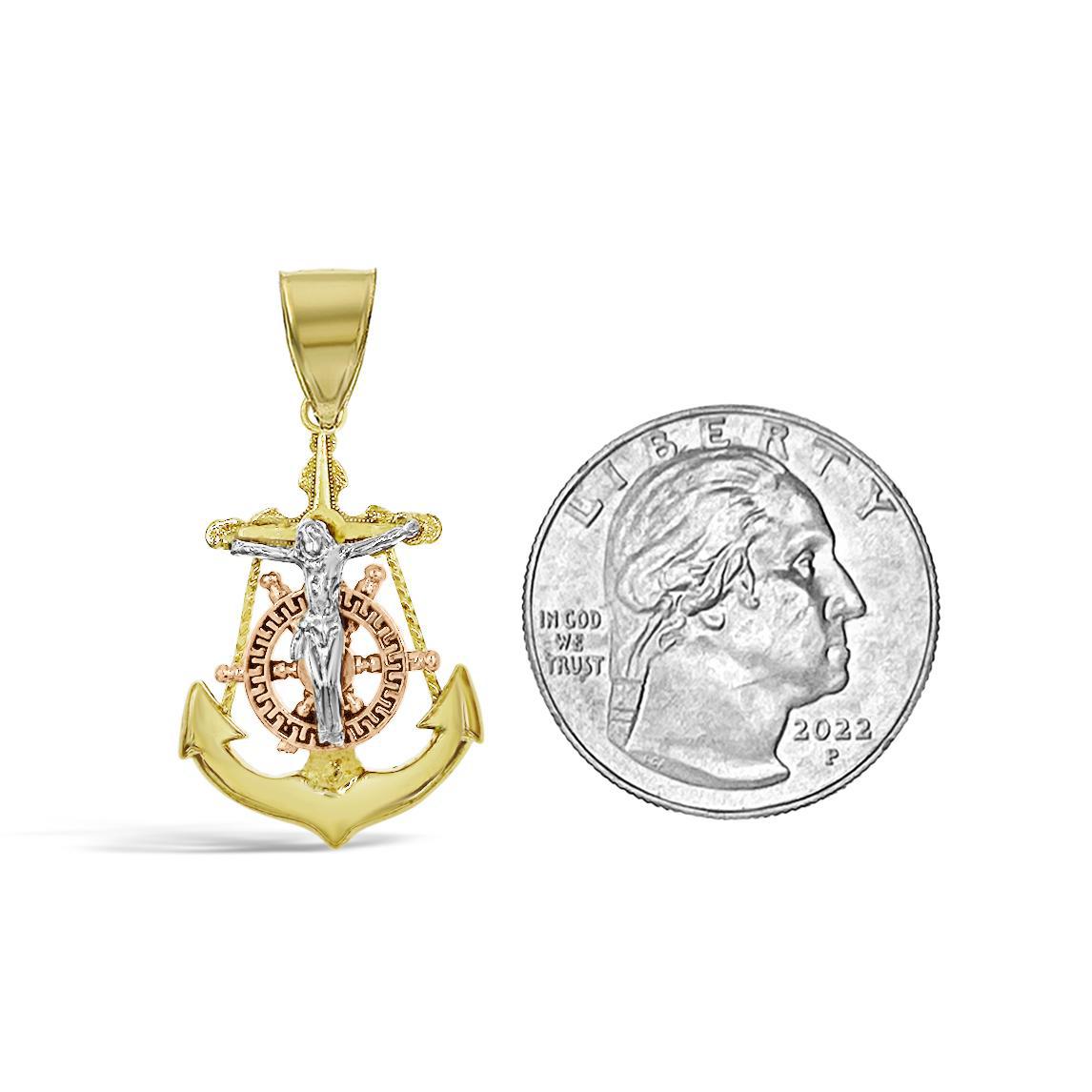 Anchor Jesus Crucifix Cross Mens Pendant 10k Tri Color Gold Charm 1.2 inch
