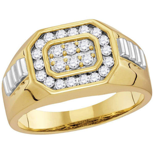 0.50cttw Diamond Octagon Ribbed Cluster Mens Ring 10k Two-tone Gold Band