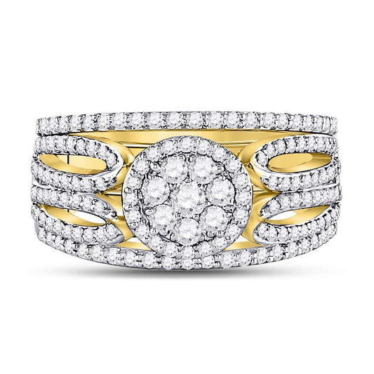 0.96 Ctw Diamond Round Cluster 3 Piece Bridal Wedding Ring Band Set 14k Gold