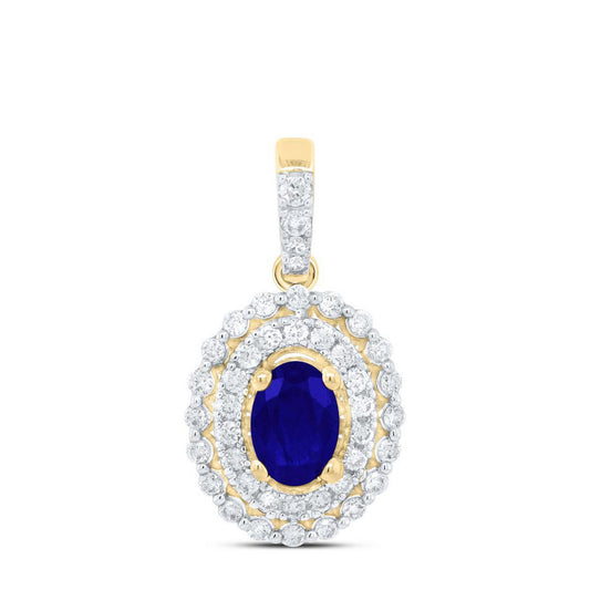 Natural Blue Sapphire Oval & Diamond Pendant Charm 14k Yellow Gold