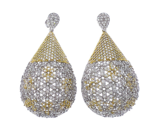 925 Sterling Silver Womens Teardrop Dangle Stud Earrings CZ Two Tone Statement