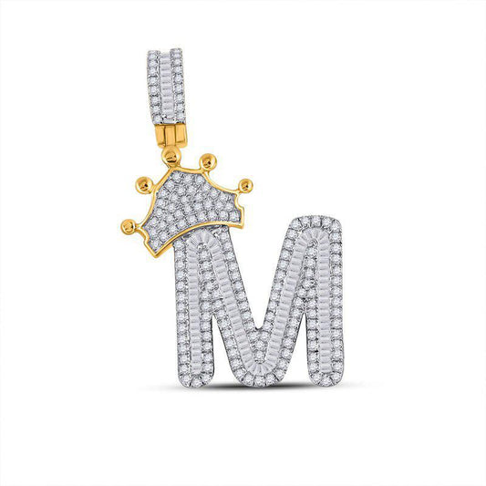 10kt Yellow Gold Mens Baguette Diamond Crown M Letter Charm Pendant 7/8 Cttw