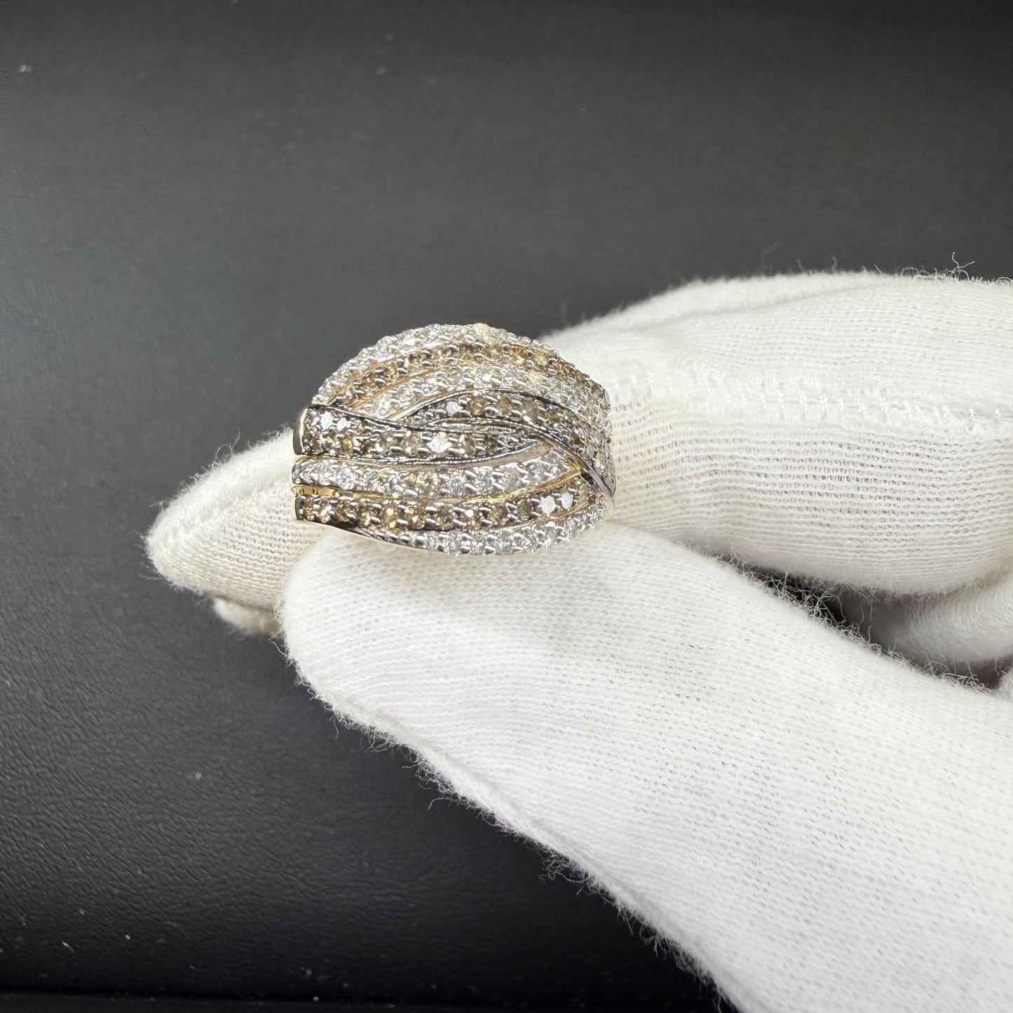 1ctw Diamond Multi Row Crossover Ring 10K Yellow Gold
