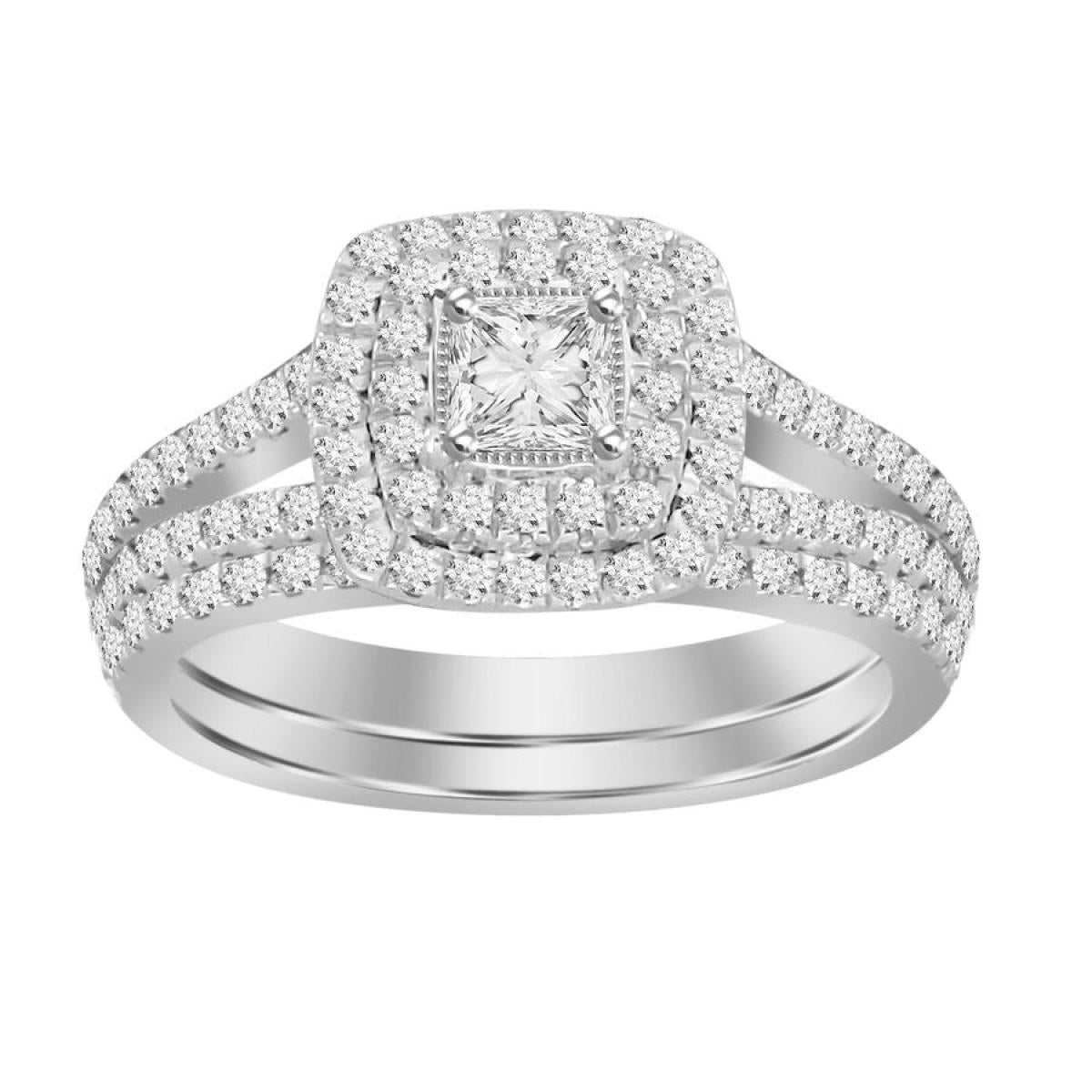 1ctw Princess Cut Diamond Halo Bridal Set 14K White Gold