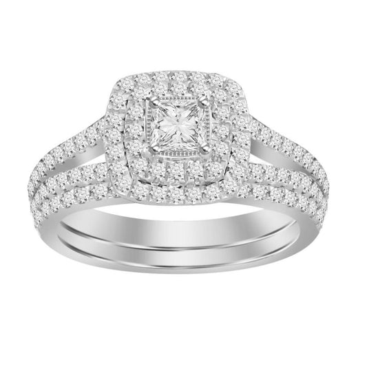 1ctw Princess Cut Diamond Halo Bridal Set 14K White Gold