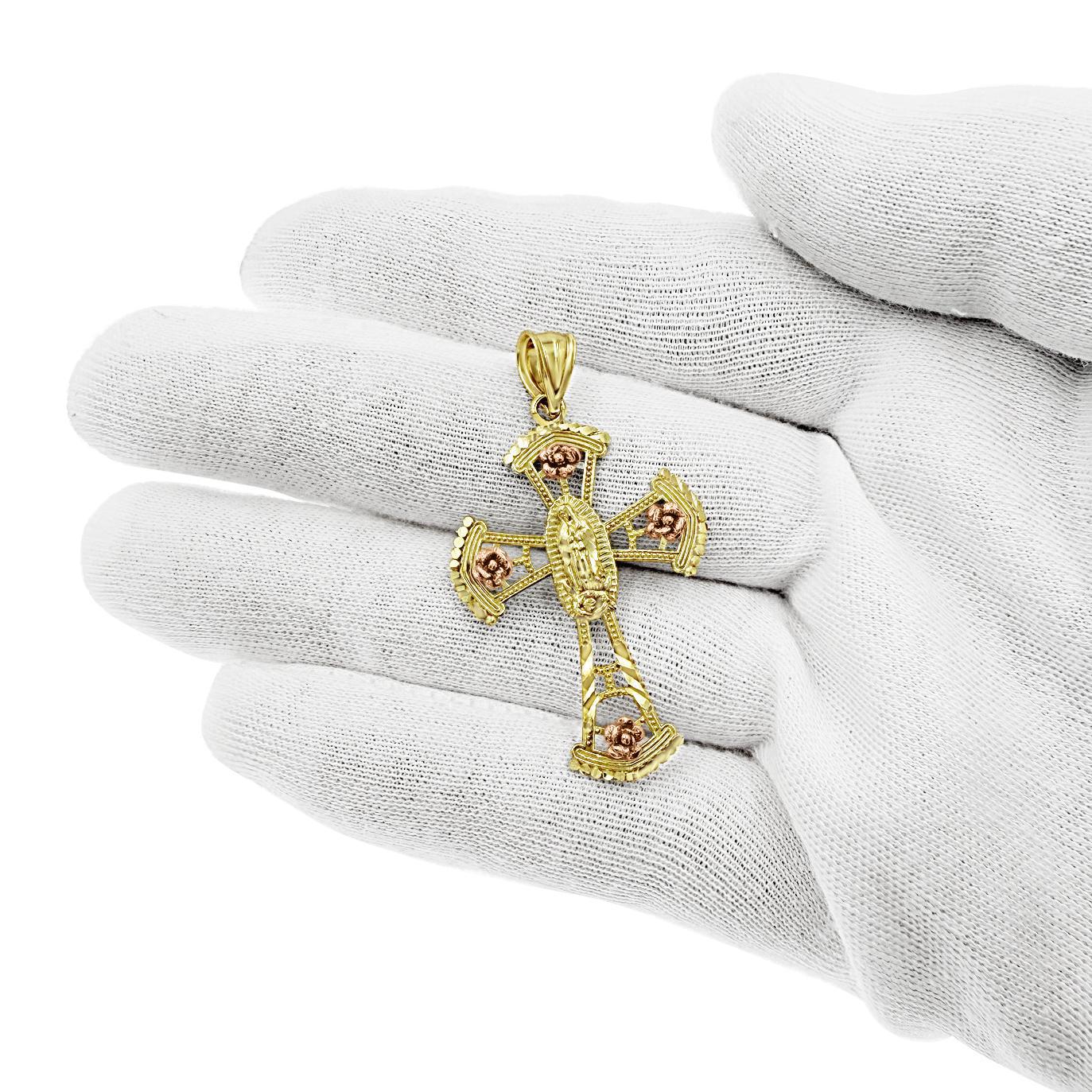 Virgin Mary Cross Pendant 10K Yellow Rose Gold Religious Charm 1.8 inch