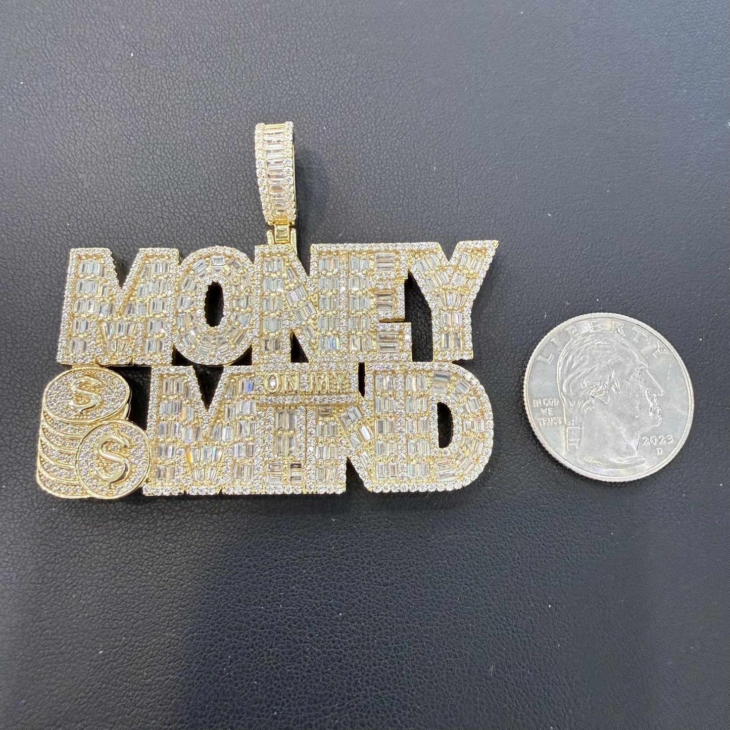 Money On My Mind Pendant Gold Plated 925 Sterling Silver Iced Out Baguette CZ