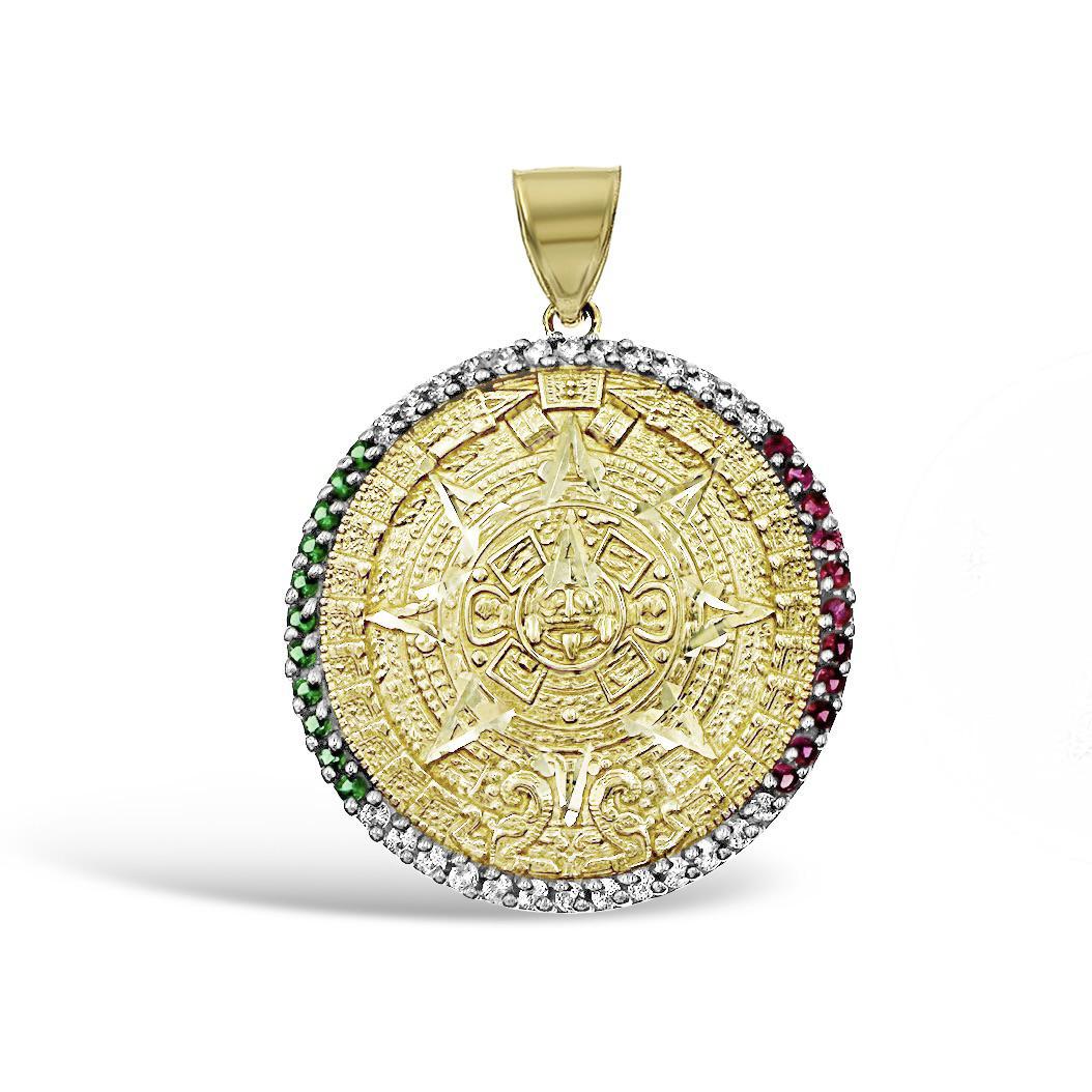 10K Yellow Gold Aztec Calendar Pendant Round Mexico Flag Colors Charm 1.4 inch