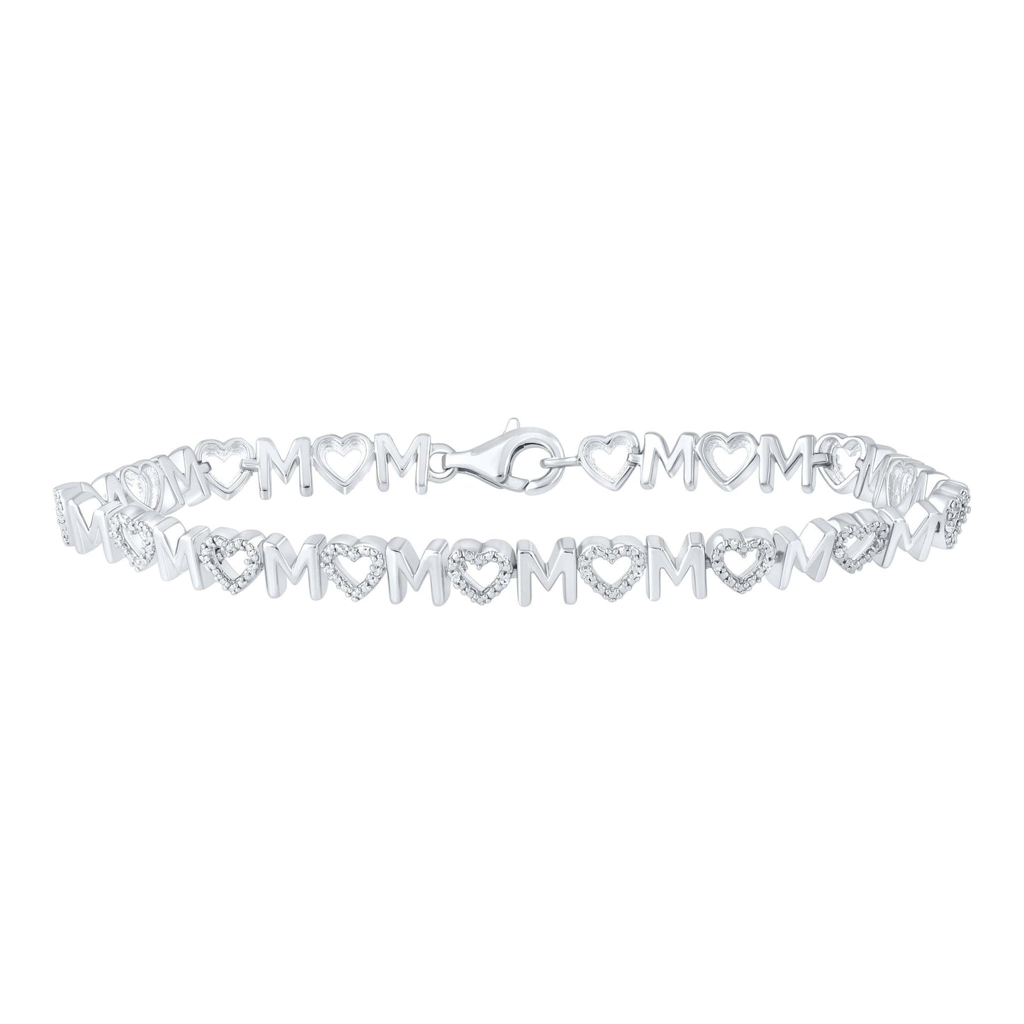 Diamond Mom Heart Womens Charm Bracelet 925 Sterling Silver 7.25 inch