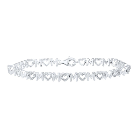 Diamond Mom Heart Link Bracelet 925 Sterling Silver