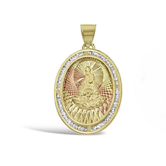 14k Gold Virgin Mary Oval Pendant Religious Charm Diamond Cut