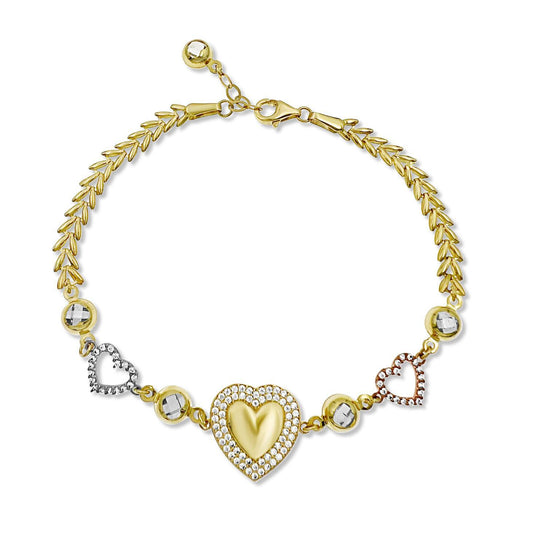 14k Tri Color Gold Heart Bracelet 7 inch