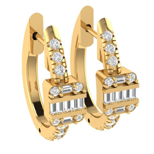 0.50cttw Baguette / Round Diamond Huggie Hoops Earrings 10k Yellow Gold Womens