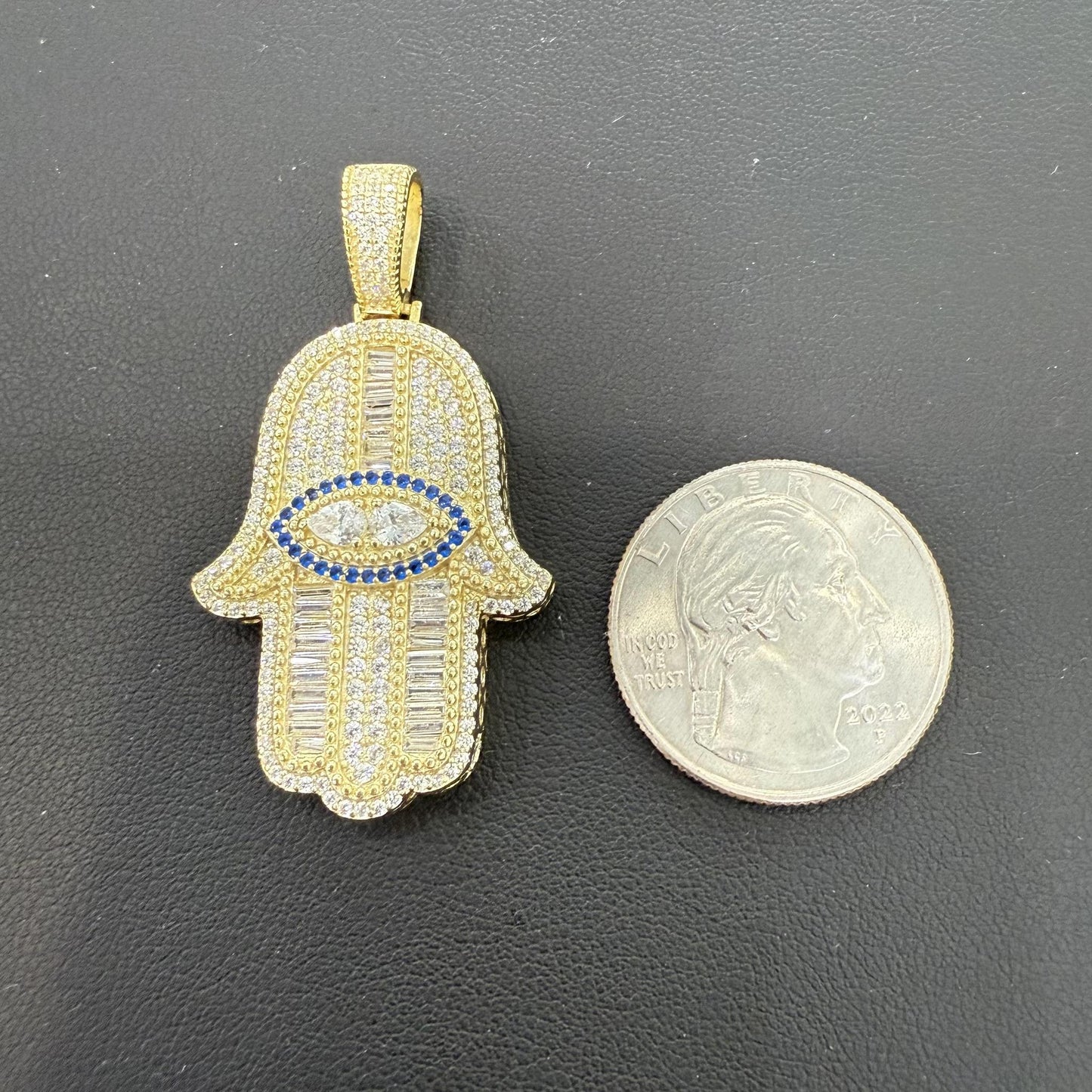 Hamsa Hand 925 Sterling Silver Gold Plated CZ Evil Eye Protection Pendant Charm