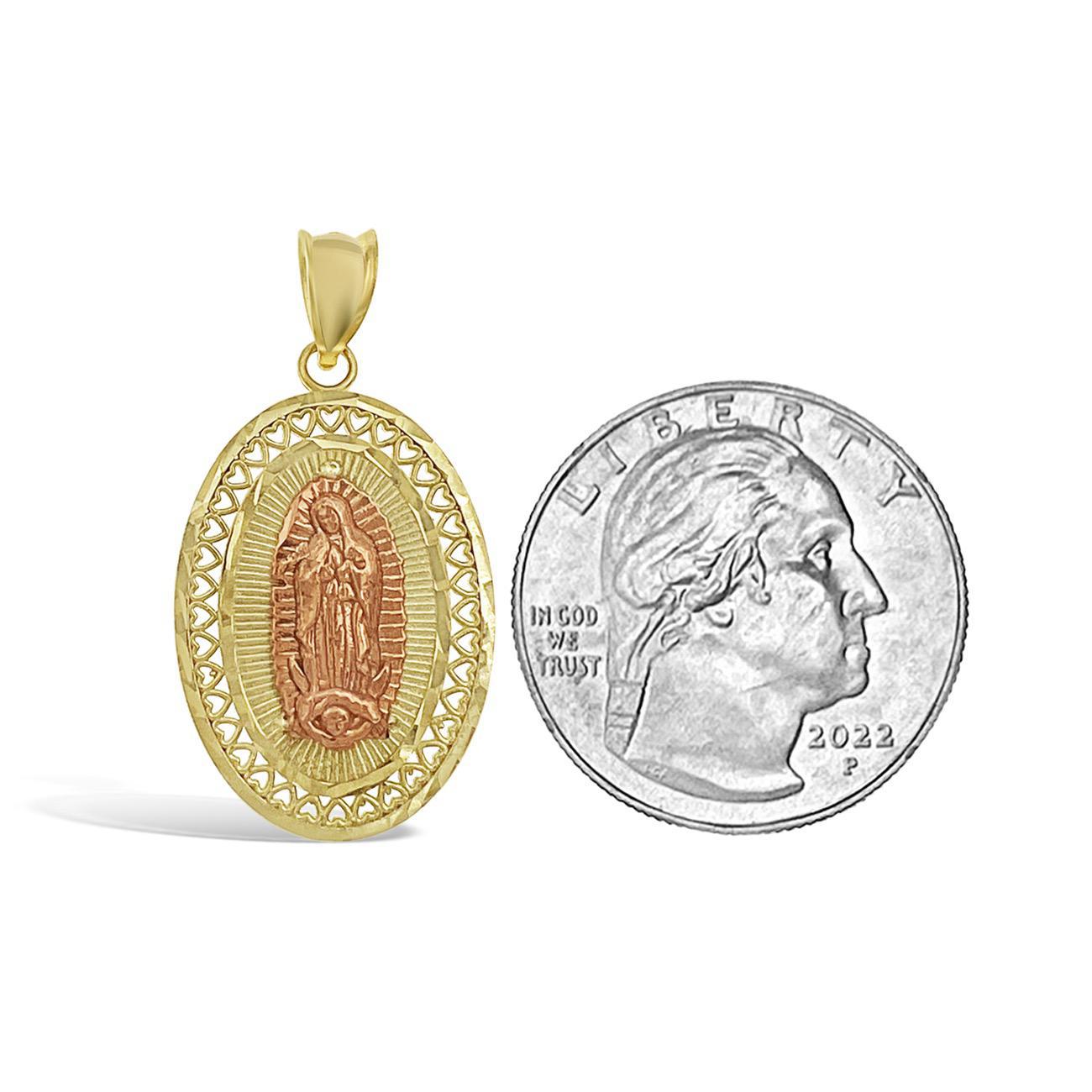 Virgin Mary Pendant 10k Yellow Rose Gold Lady Guadalupe Charm 1.25"