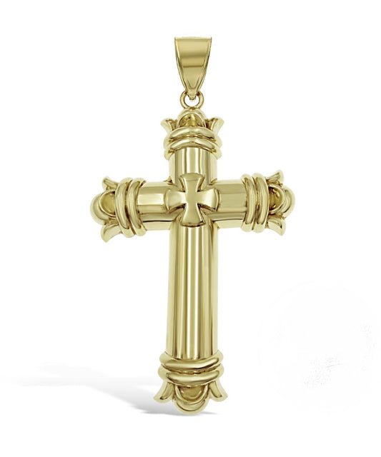 Large Cross Pendant Mens Charm 10k Yellow Gold 3.2 inch