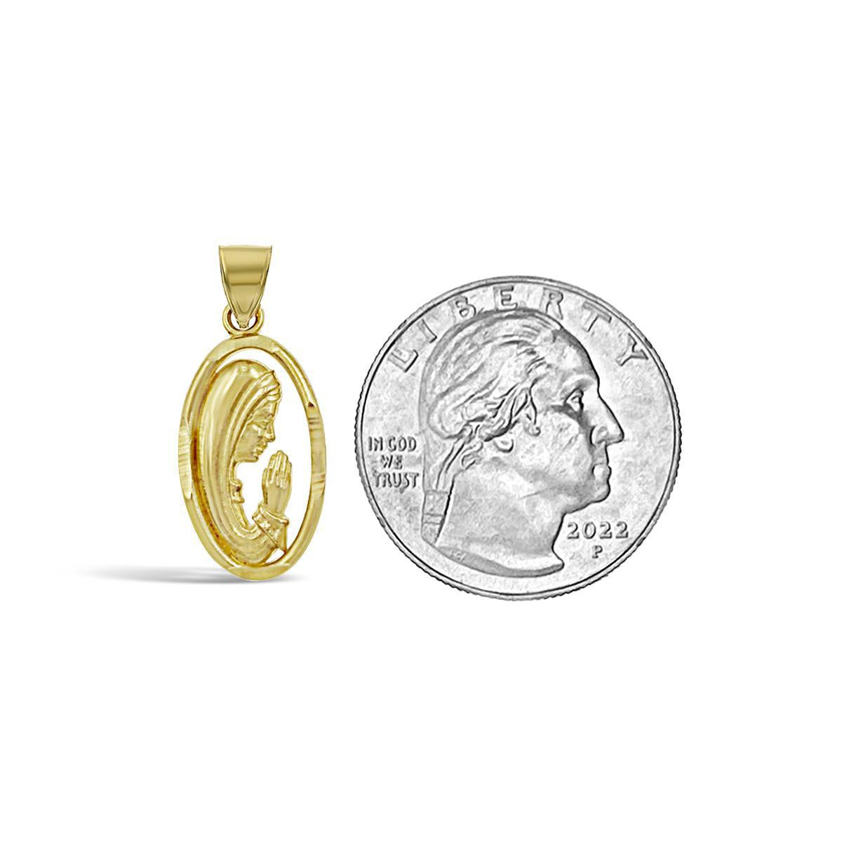 14K Yellow Gold Our Lady of Guadalupe Pendant Virgin Mary Praying Oval Charm