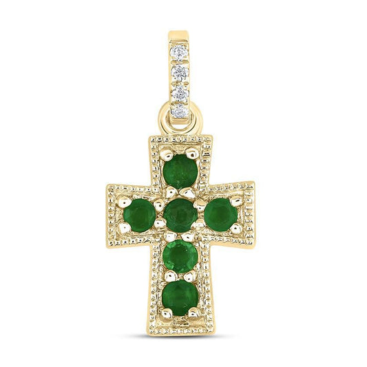 Natural Emerald with Diamond Cross Pendant 14k Yellow Gold Charm 0.6"